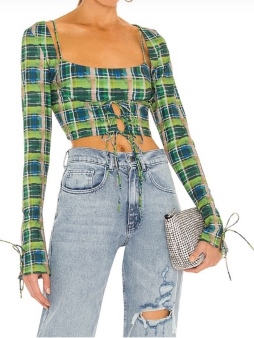 Guizio Plaid Long-Sleeve Cropped Top in Green